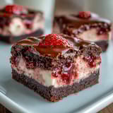 Decadent chocolate brownies swirled with creamy strawberry cheesecake, topped with fresh strawberries for a romantic dessert.