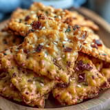 Tangy sourdough discard and sharp cheddar create cheesy snack crackers topped with everything bagel seasoning blend.  