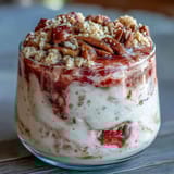 A creamy jar of strawberry cheesecake overnight oats topped with fresh strawberries and crunchy graham cracker crumbles for a healthy breakfast treat.