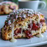 A batch of golden scones studded with fresh strawberries and drizzled with tangy lemon glaze, perfect for breakfast or brunch.