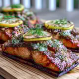 Cedar Plank Salmon with Lemon Dill grilling over smoky cedar, fresh herbs, and lemon slices for a summer dinner.