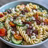 Colorful summer pasta salad featuring cherry tomatoes, cucumbers, feta, and olives, tossed in a zesty Mediterranean dressing.  