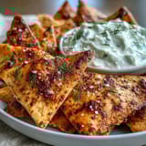 Freshly baked pita chips paired with creamy tzatziki sauce, ideal for warm summer days.  