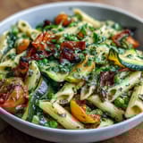 Vibrant spring pasta primavera with fresh vegetables in a light herby sauce, topped with Parmesan cheese.