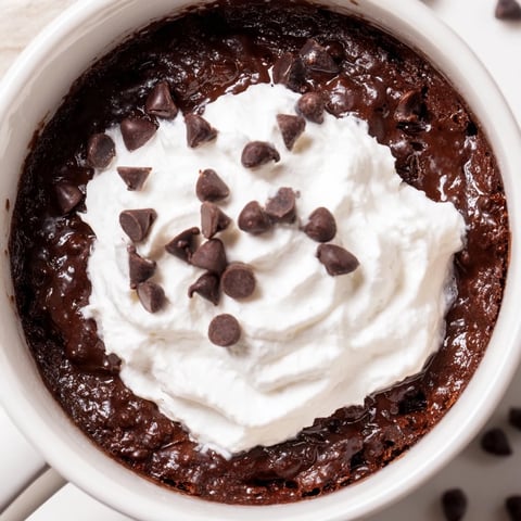 Steaming hot chocolate mug cake topped with whipped cream, ready for a sweet dessert.