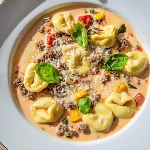 A steaming bowl of Tortellini Beef Soup, garnished with Parmesan and fresh basil, ready to eat.