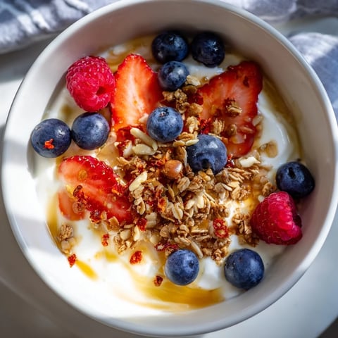 Cottage Cheese Hot Honey Bowl brimming with fresh berries, drizzled with spicy honey, and crunchy granola.
