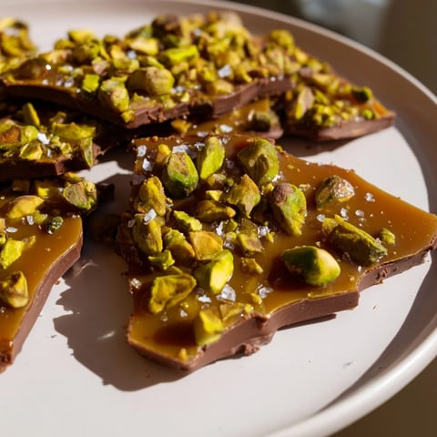 Rich dark chocolate topped with creamy caramel and pistachio salted caramel bark, a delightful dessert.