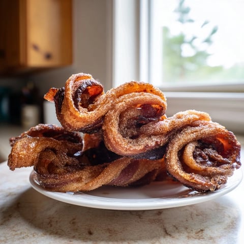 Golden-brown Spiced Bacon Twists glistening with cinnamon-sugar glaze, baked crisp on a wire rack for a sweet and savory bite.