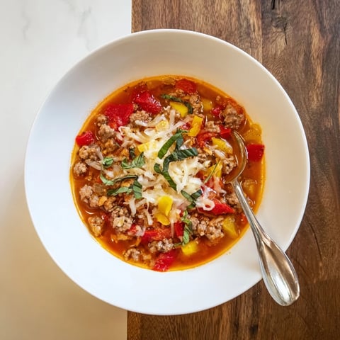 A steaming bowl of Pizza Soup with melted mozzarella, Italian sausage, and diced tomatoes topped with fresh basil.  