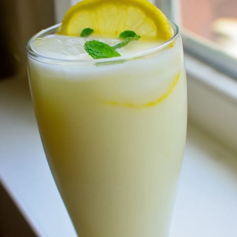 Creamy Lemonade Drink served over ice in a tall glass, garnished with lemon slices and fresh mint leaves.