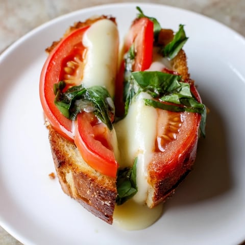 Golden-brown Tomato Basil Grilled Cheese, oozing with melted mozzarella and fresh basil, served on rustic sourdough.  