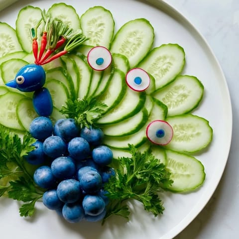 Freshly assembled Peacock Tail platter, showcasing cucumber slices and grape clusters for a unique presentation.