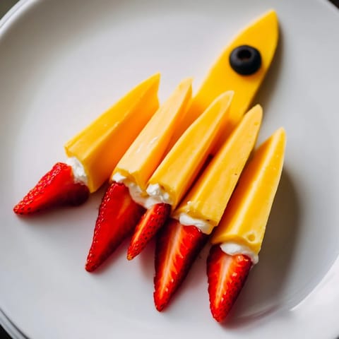 The eye-catching Retro Rocket appetizer features cheese shaped as a rocket alongside juicy strawberry flames.