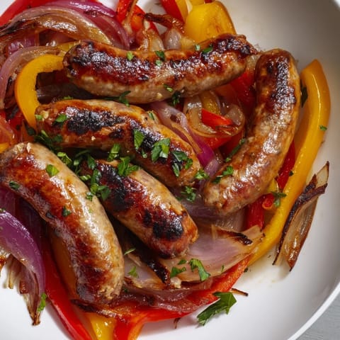 Juicy roasted Italian sausage, peppers, and onions are beautifully caramelized on the sheet pan.