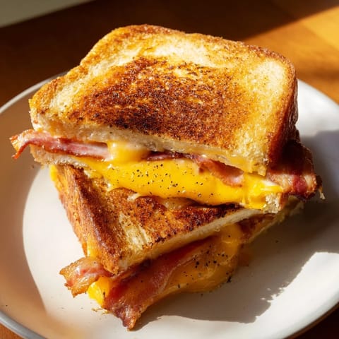 A close-up of a perfectly toasted Crispy Bacon Cheddar Grilled Cheese, showing the smoky bacon and melted cheddar.