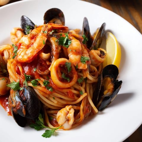 A close-up of Seafood Marinara Pasta, showing perfectly cooked pasta generously coated with flavorful marinara and seafood.