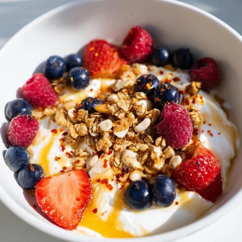 A close-up of a delightful Cottage Cheese Hot Honey Bowl, showcasing vibrant berries and glistening hot honey.