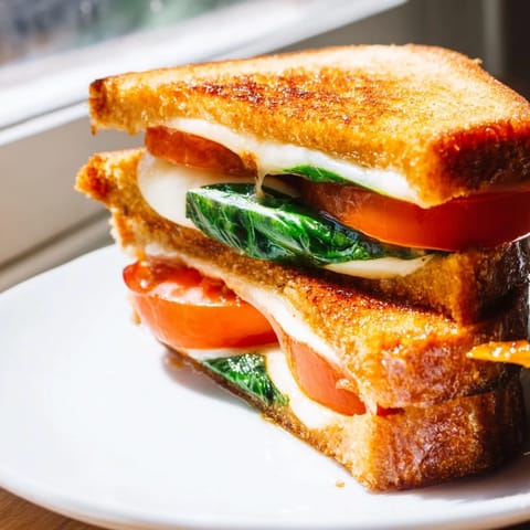 A close-up of Tomato Basil Grilled Cheese with ripe tomato slices, melted cheese, and toasted buttery bread.  