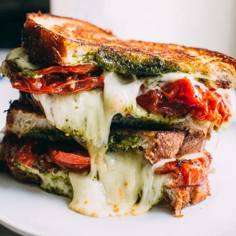 A close-up shows the Roasted Tomato Pesto Grilled Cheese with caramelized tomato slices and melted mozzarella spilling from rustic bread.