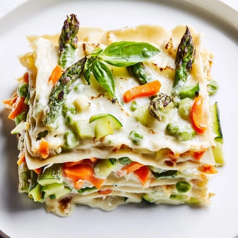 A slice of Spring Veggie Alfredo Lasagna reveals vibrant green asparagus, spinach, and tender carrots in a creamy sauce.