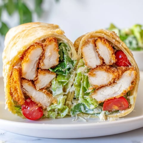 A handheld meal of crunchy hot honey chicken, fresh romaine lettuce, and rich Caesar dressing, neatly wrapped for a satisfying lunch.