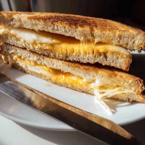 A close-up of a Triple Cheese Sourdough Grilled Cheese with crispy bread and stringy, warm cheese pull.  