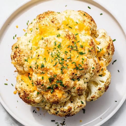 This vegetarian main dish features a golden-brown cauliflower head stuffed with melted mozzarella and Parmesan, served on a rustic white plate.  