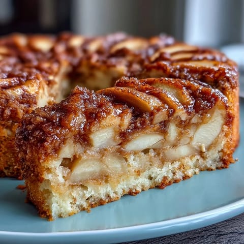 Serving suggestion for Baked Apple Cake, plated with a dollop of crème fraîche and a light dusting of powdered sugar.