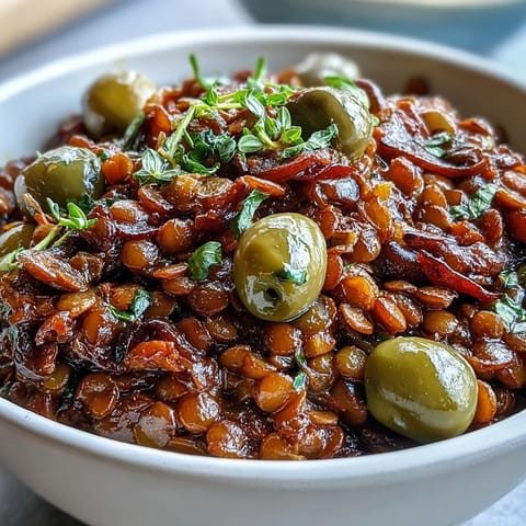 Golden-brown Cuban-Inspired Lentil Picadillo simmering with olives and sweet raisins in a skillet.