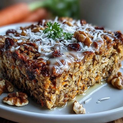A golden-brown slice of carrot cake baked oatmeal, studded with shredded carrots and raisins, served warm on a white plate.