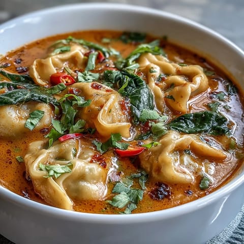 Hearty frozen wontons float in aromatic Red Curry Wonton Soup, ready to enjoy.