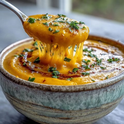 A bowl of butternut squash broccoli cheddar soup topped with extra cheese and roasted broccoli, served beside warm crusty bread for dipping.