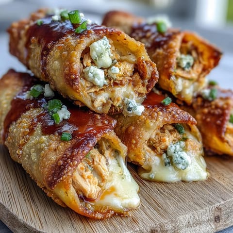 Freshly fried Buffalo Chicken Egg Rolls with melted blue cheese, shredded carrots, and vibrant green onions on a game day platter.