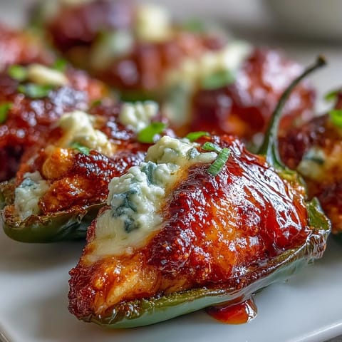 Freshly baked Buffalo Wing Poppers garnished with chopped chives and extra blue cheese crumbles on a rustic platter.