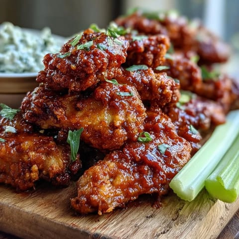 Fried Chicken Wings piled high, dusted with seasoning and drizzled with smoky BBQ sauce for a classic game-day snack.