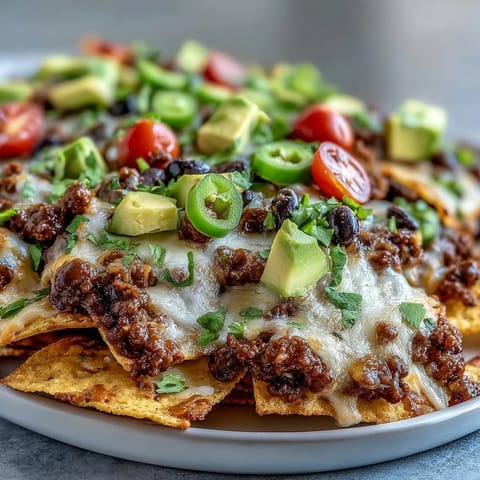 Loaded Baked Nachos topped with diced avocado, jalapeños, black beans, and fresh cilantro served hot from the oven.