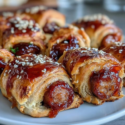Freshly baked Pepper Jelly Hogs in a Blanket garnished with chives on a cooling rack.
