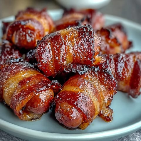 Freshly baked Bacon-Wrapped Smokies arranged on a platter, ready for a game day party with toothpicks. 