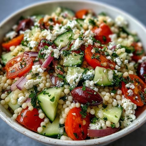 Feta and fresh parsley crown this Mediterranean Pearl Couscous, served ready to enjoy on a sunlit table for easy lunch inspiration.