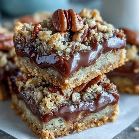 Chewy Decadent Sweet and Chewy Turtle Bars stacked high with toasted pecans.