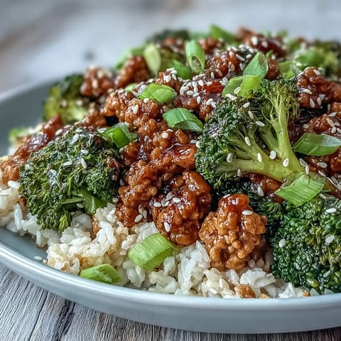 A close-up of sweet and spicy turkey broccoli bowls, garnished with green onion and sesame seeds next to chopsticks.
