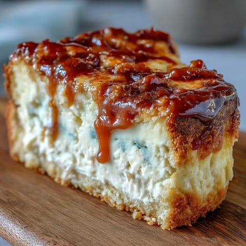 Freshly baked Caramel Cream Cheese Bread on a wooden board, showing a thick slice with gooey cream cheese and caramel swirls.