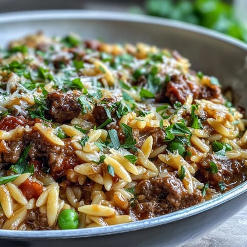 A bubbling skillet of Comforting Ground Beef Orzo Dinner with bell peppers, peas, and tomato broth.
