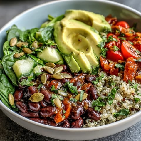 A vibrant Three-Bean Power Bowl filled with quinoa, avocado, and fresh veggies drizzled with lemon dressing.