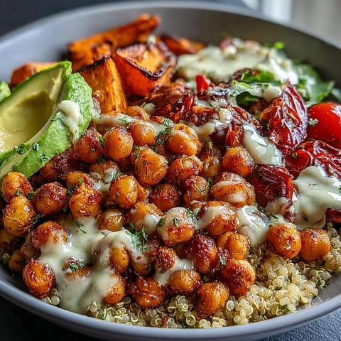 A close-up view shows vibrant sweet potatoes, avocado, and cherry tomatoes in a hearty Chickpea Power Bowl for lunch.