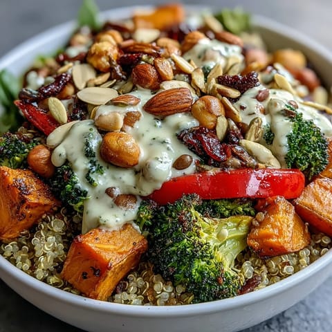 Roasted sweet potatoes, broccoli, and bell peppers top this Meal Prep Week-Long Power Bowl.