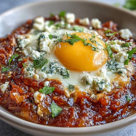 Homemade Shakshuka Bowl topped with fresh cilantro and crumbled feta, steaming in a rustic skillet.
