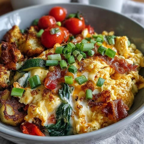 Fluffy scrambled eggs with melted cheddar, sautéed bell peppers, zucchini, and spinach in a bright breakfast bowl.  