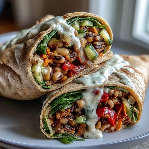 Freshly rolled Black-Eyed Pea Wraps filled with spinach, crunchy carrots, and drizzled with creamy tahini sauce.